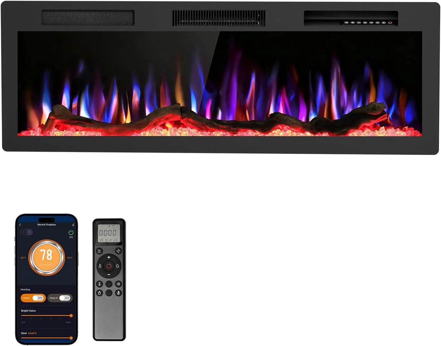 R.W.FLAME 60inch Recessed and Wall Mounted Electric Fireplace Low Noise Fit for 2 x 6 Stud