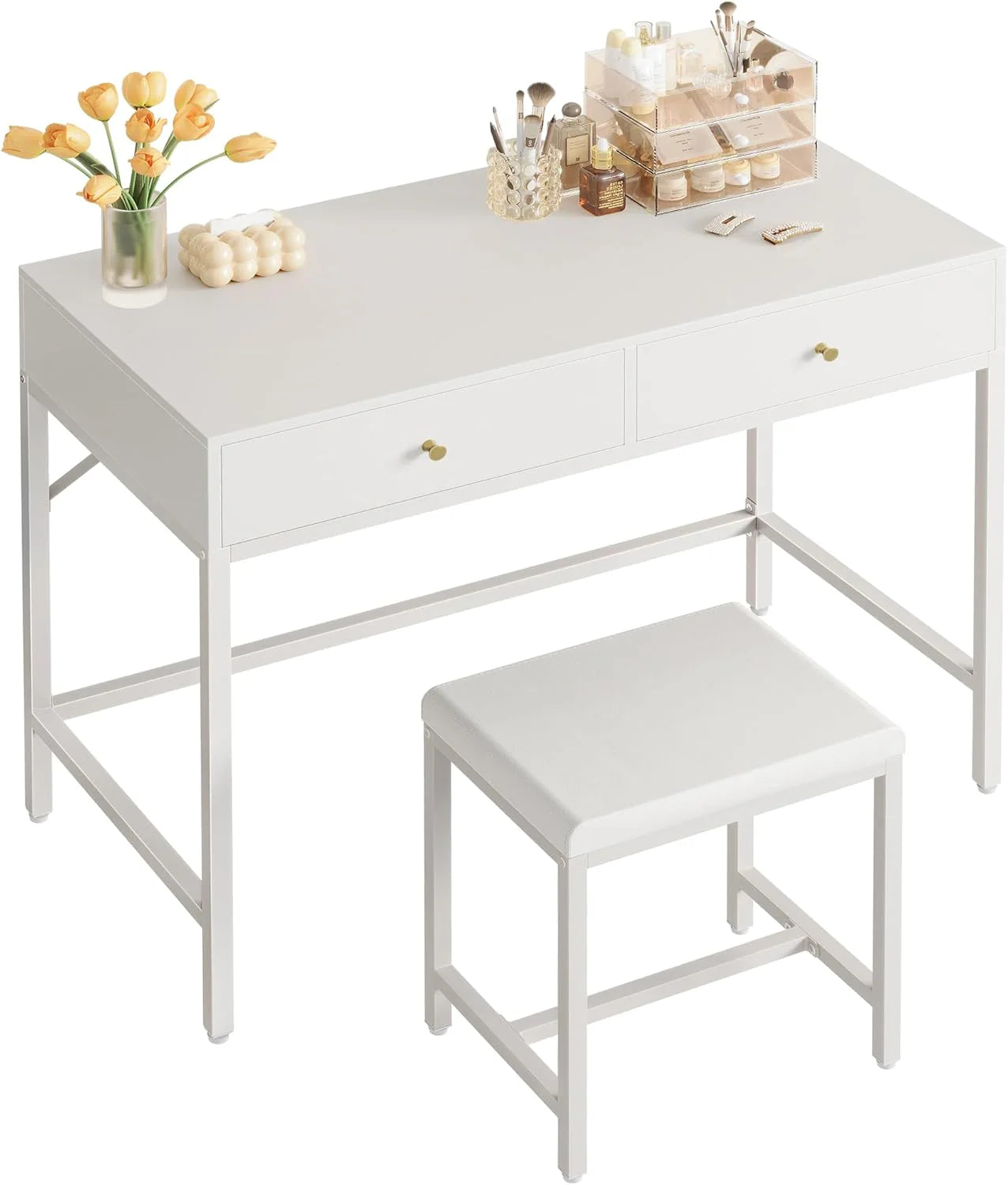 SUPERJARE 35.4 White and Gold Desk with 2 Drawers, Modern Makeup Vanity