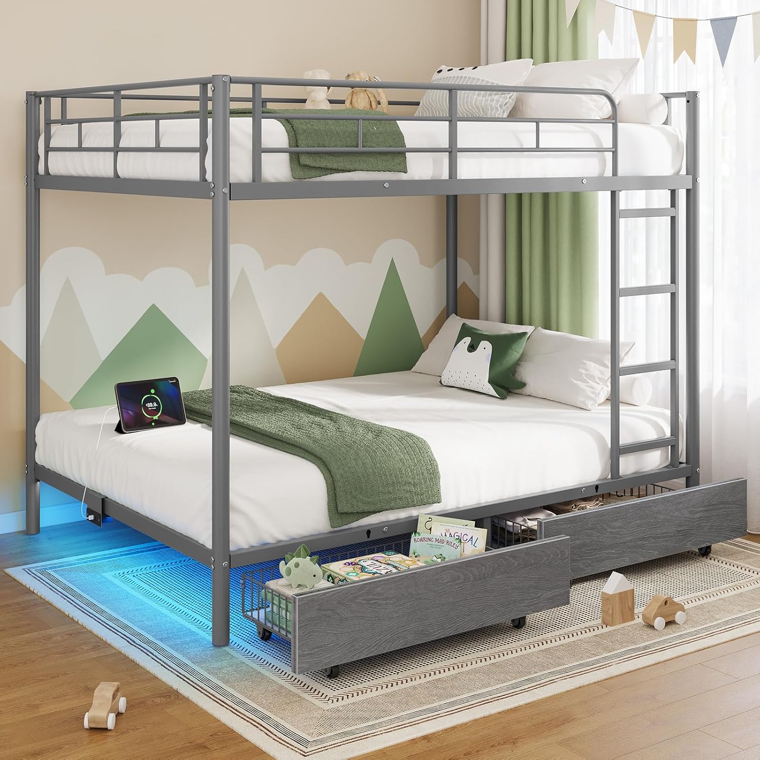 Rolanstar Metal Bunk Bed Twin Over Twin USB Charging Station LED Bunk Bed 2 Storage Drawers