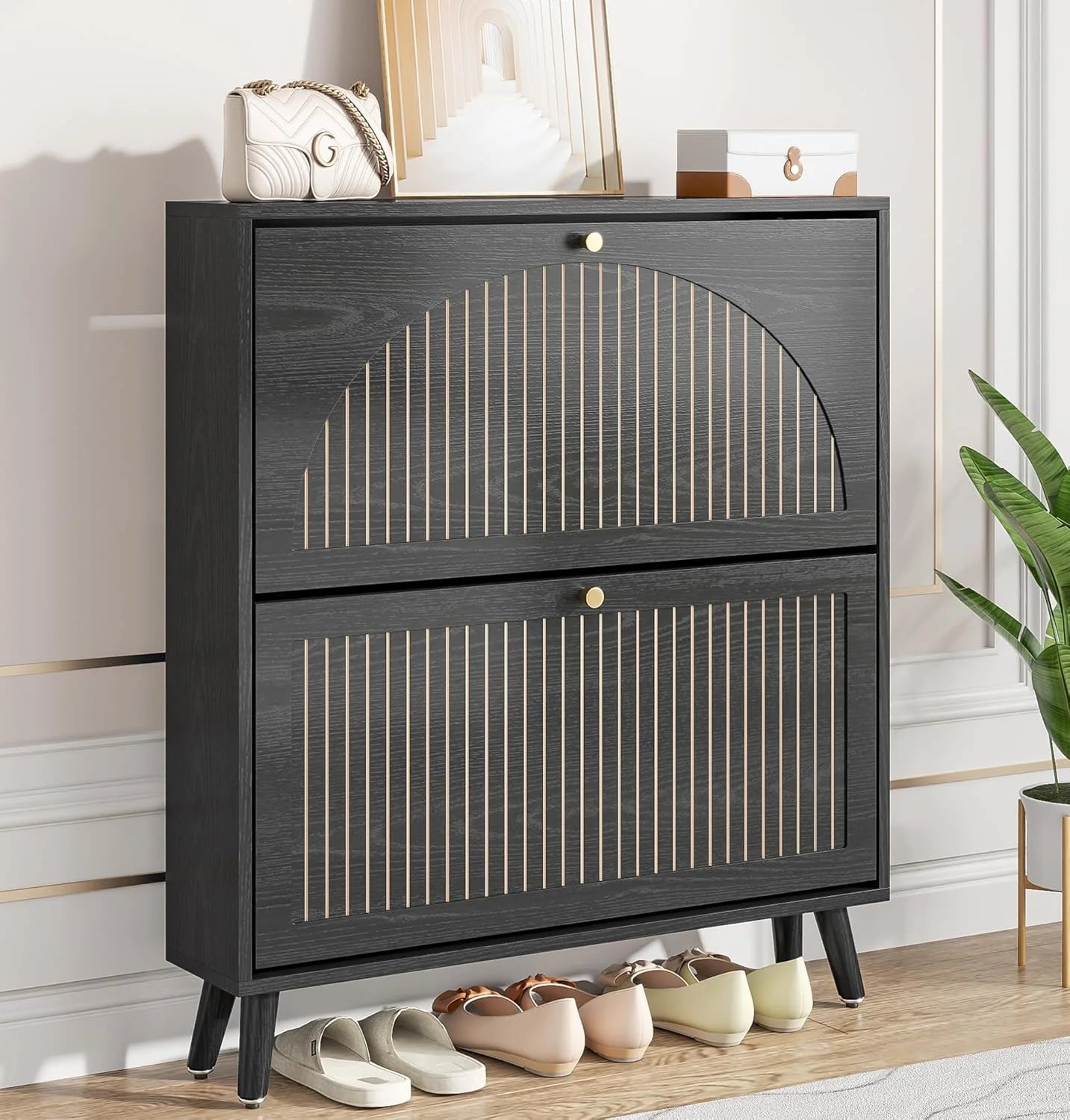 Shoe Storage Cabinet for Entryway with 2 Flip Drawers Narrow Wood Shoe Cabinet with Fluted Panel