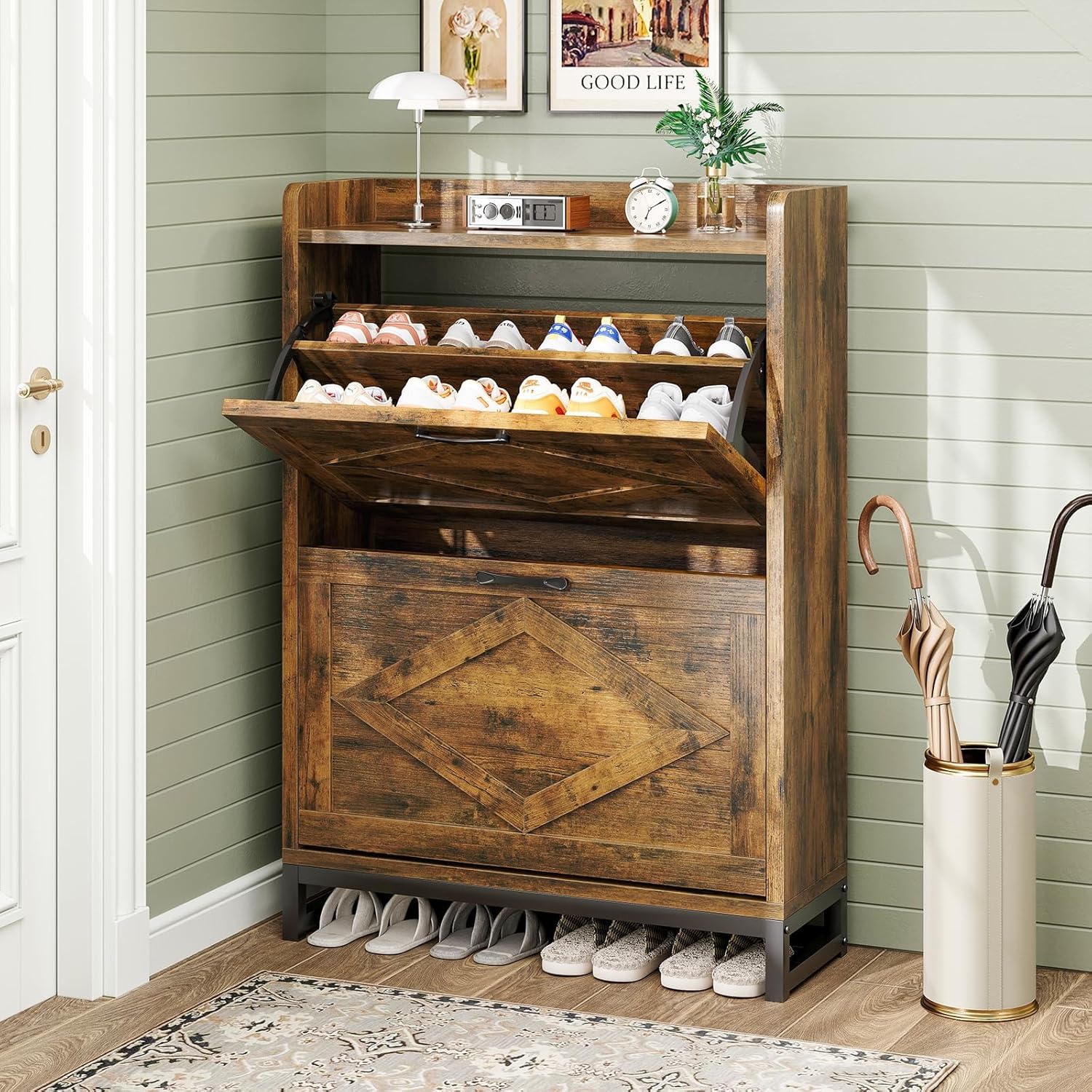 Shoe Cabinet, Shoe Storage Cabinet with 2 Flip Drawers & Adjustable Shelf