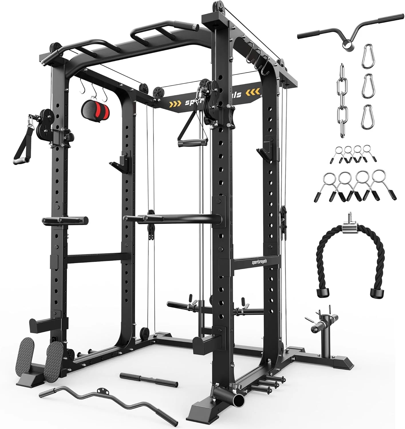 Sportsroyals Squat Rack, LAT Power Cage, Power Rack Multi-Function with Pulley System