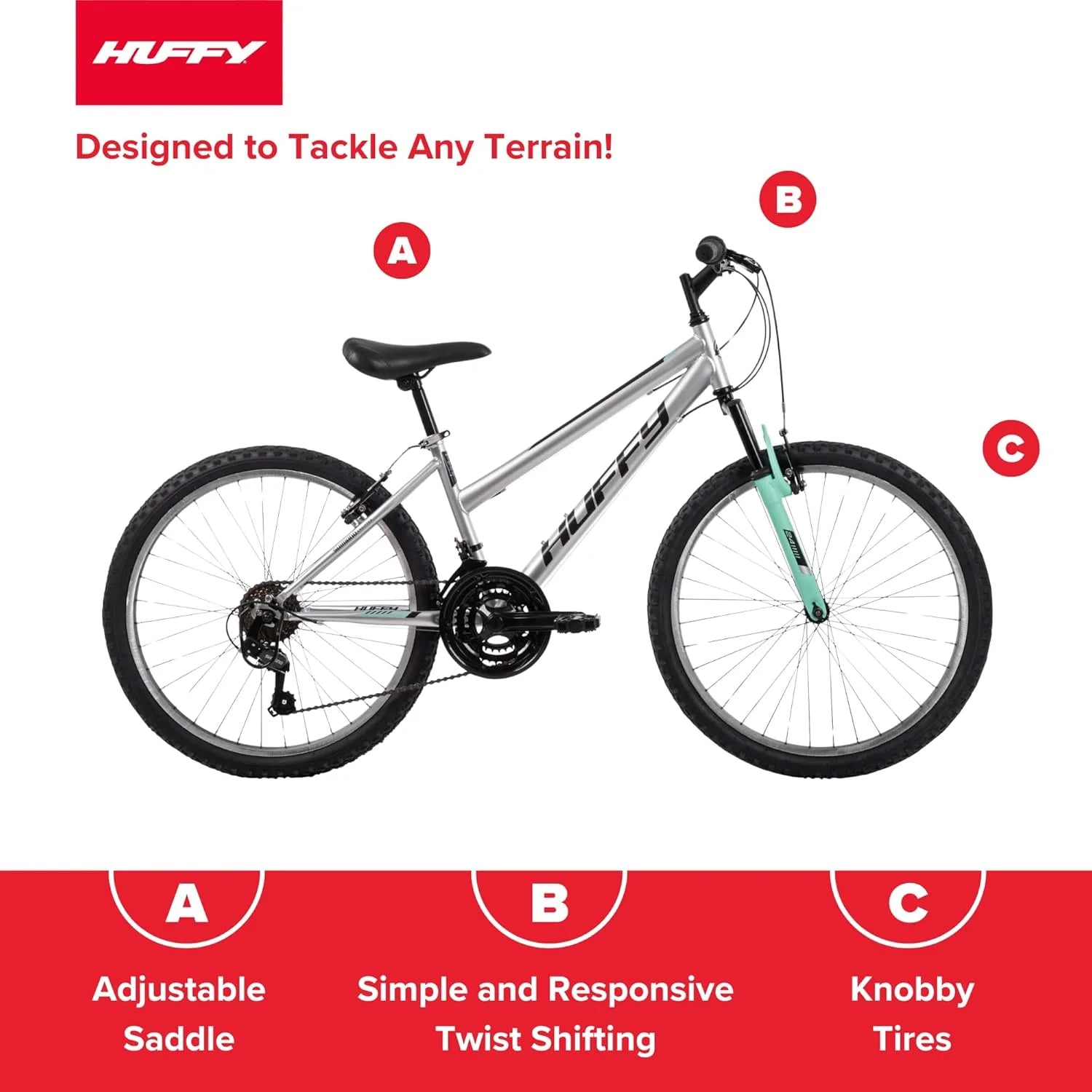 Huffy Stone Mountain Hardtail Mountain Bike for Boys/Girls/Men/Women, 20/24/26 Sizes, 6 or 21 Speed Shimano Twist Shifting, Front or Dual Suspension, Comfort Saddle, Sleek Colors