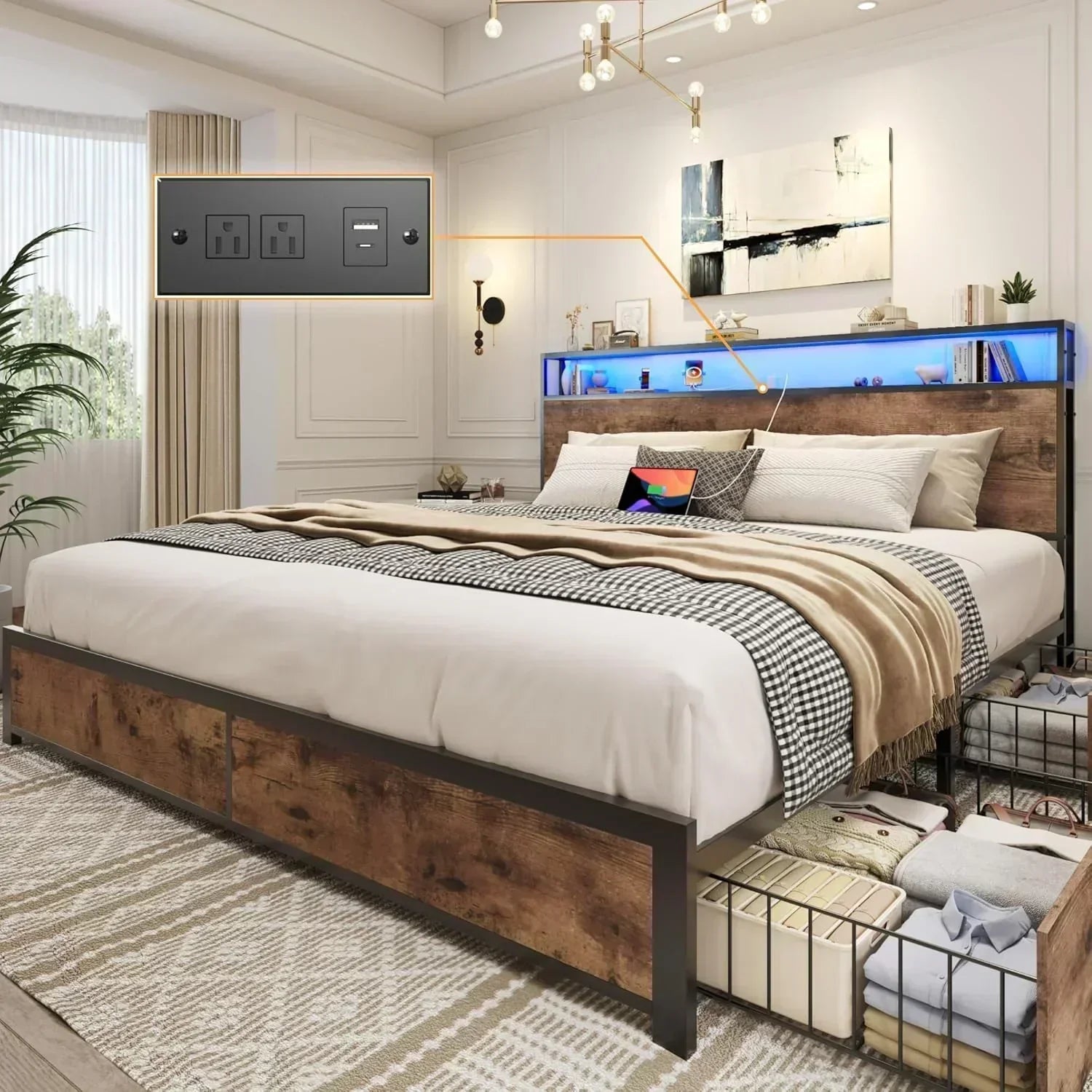 Lifezone Queen Bed Frame 2-Tier Storage Headboard Metal Platform Bed Frame 4 Storage Drawers