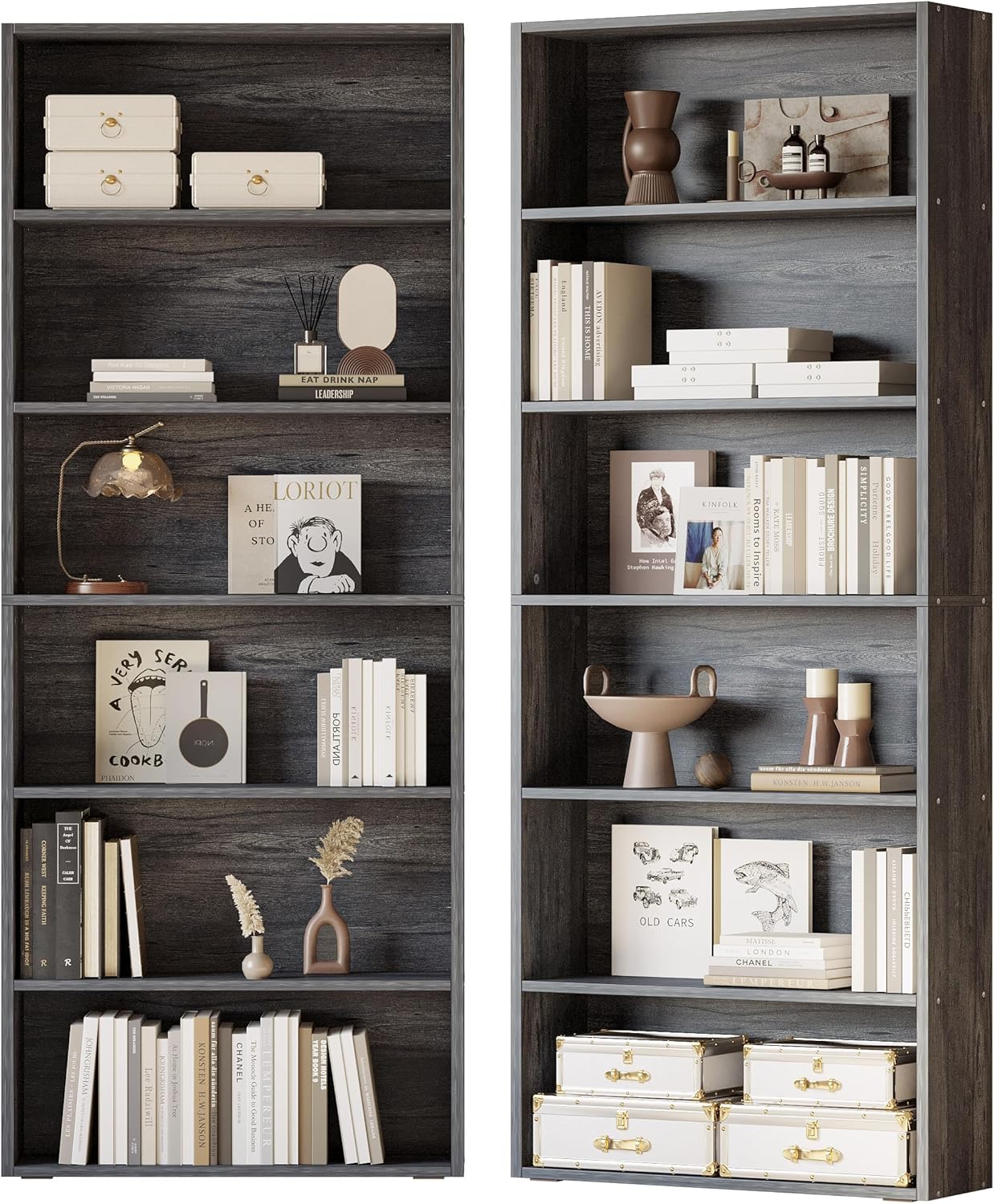 IRONCK Bookshelves and Bookcases Set of 2 Floor Standing 6 Tiers Display Storage Shelves