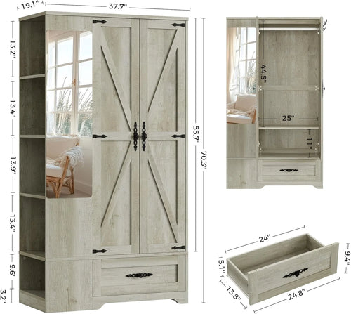 ANCTOR Armoire Wardrobe Closet with Mirror, 70 H Wooden Bedroom Armoires and Wardrobes