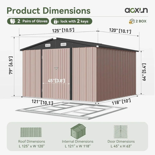 Aoxun 12x10 FT Shed Metal Outdoor Waterproof Storage Shed Steel Utility Garden Tool Shed