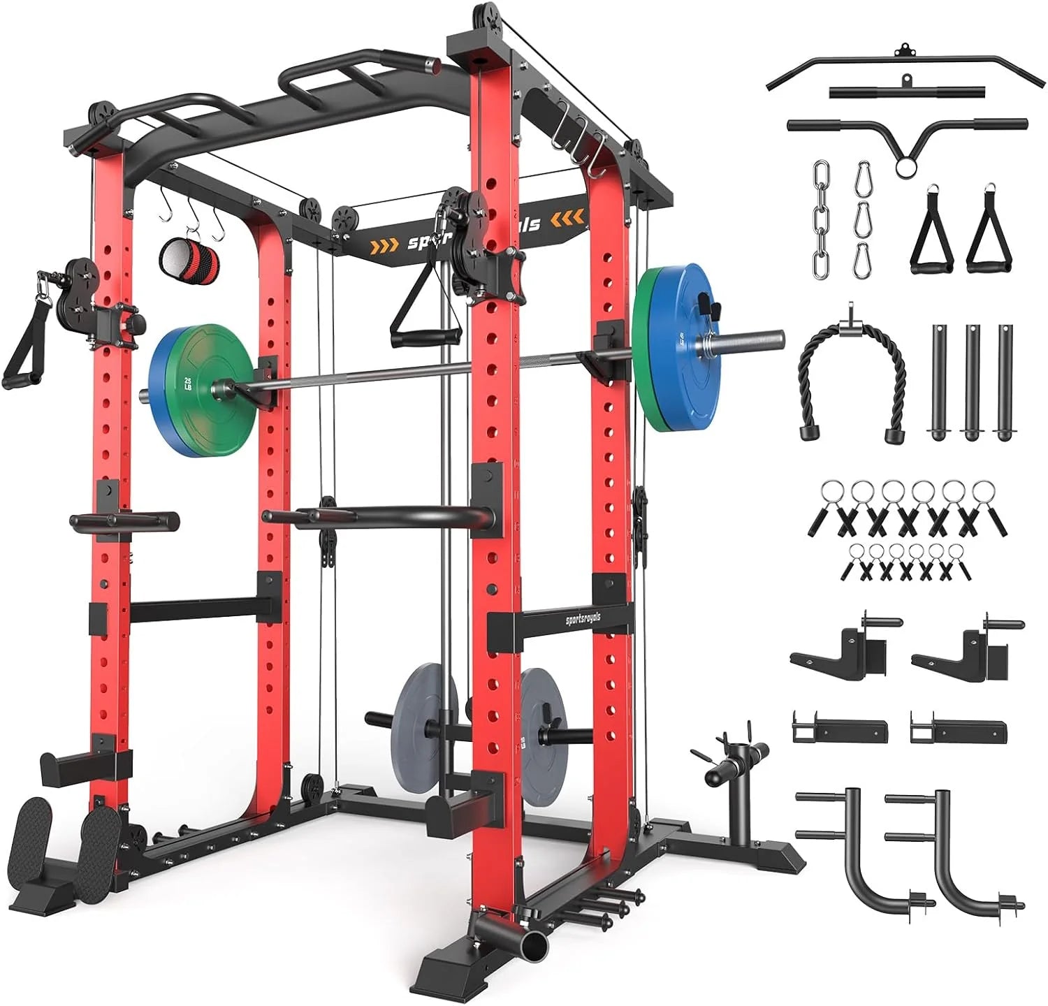 Sportsroyals Squat Rack, LAT Power Cage, Power Rack Multi-Function with Pulley System