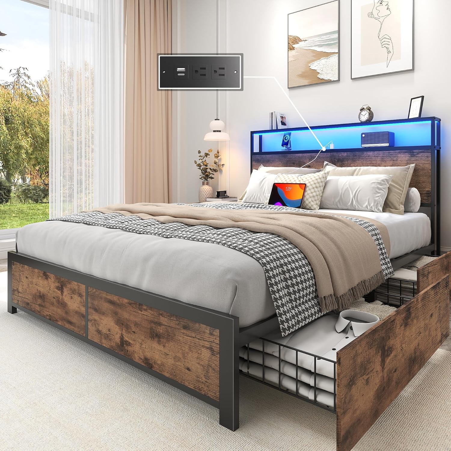 Lifezone Queen Bed Frame 2-Tier Storage Headboard Metal Platform Bed Frame 4 Storage Drawers