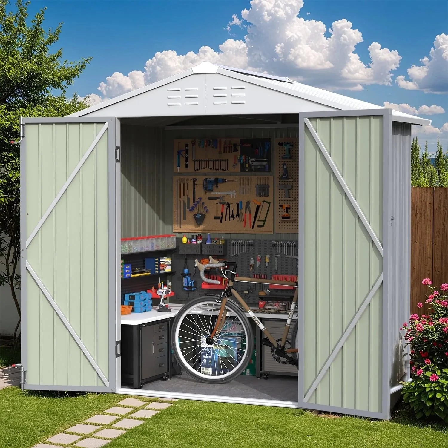 Greesum 6×4 FT Outdoor Storage Shed, Metal Patio Storage Shed with Lockable Door