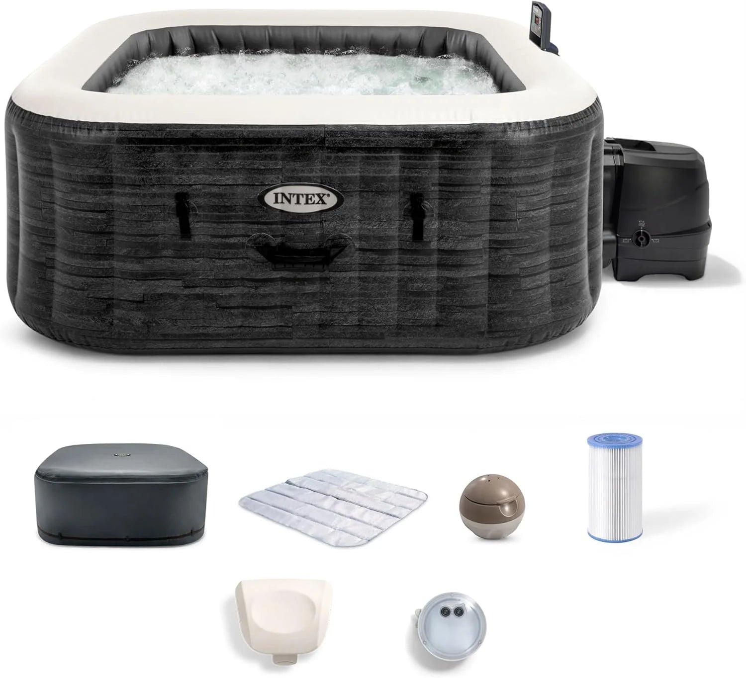INTEX PureSpa Greystone Deluxe 4 Person Square Inflatable Hot Tub, Bubble Massage Spa