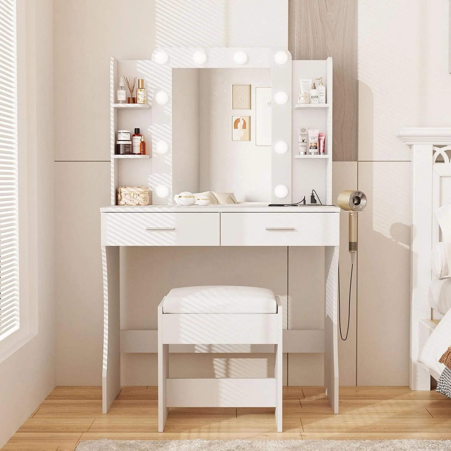 Vabches Vanity Desk with Lights,Makeup Vanity with Power Strip,Dressing Table Set
