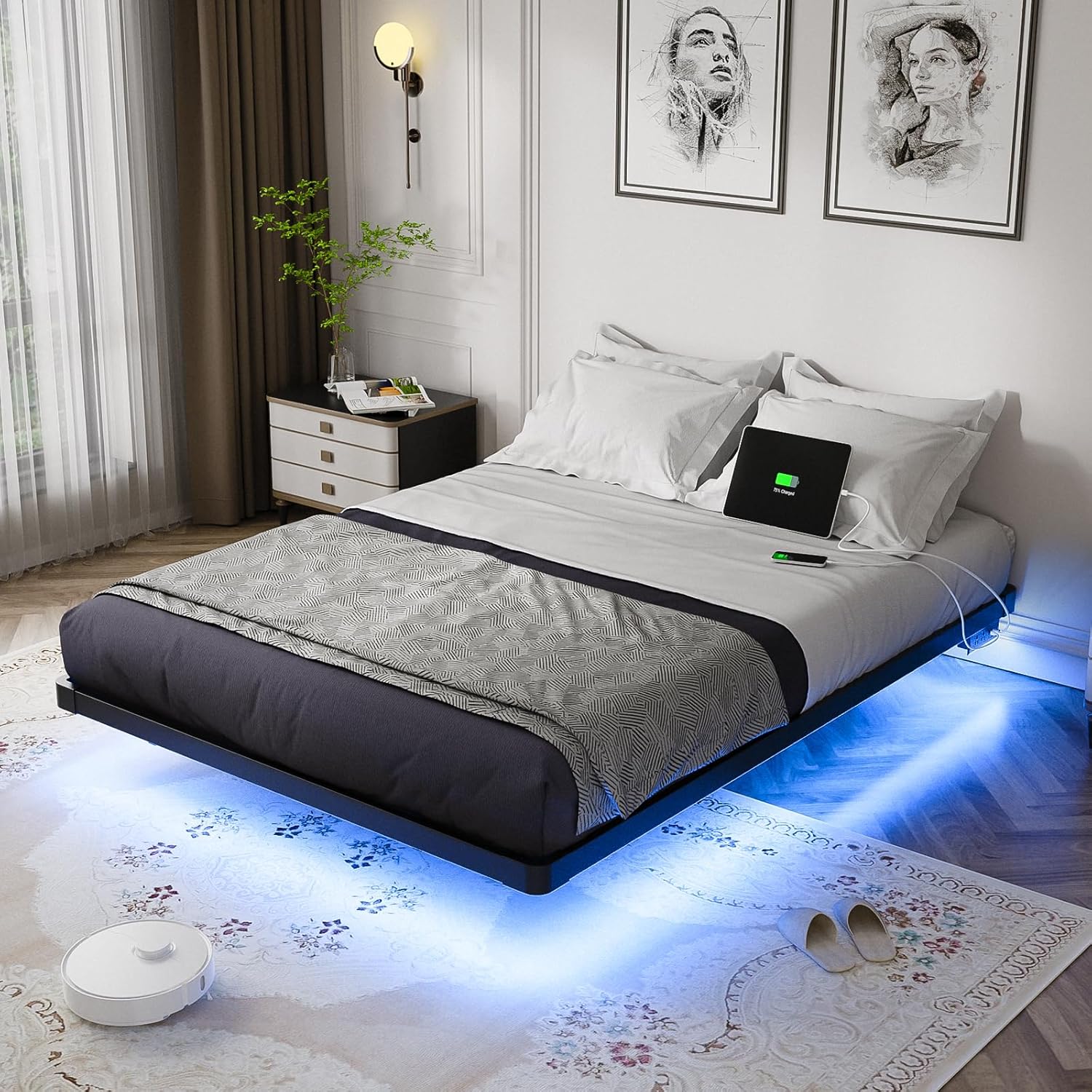 OLEVS Floating Bed Frame Queen Size with Smart LED Lights Modern Metal Platform Bed