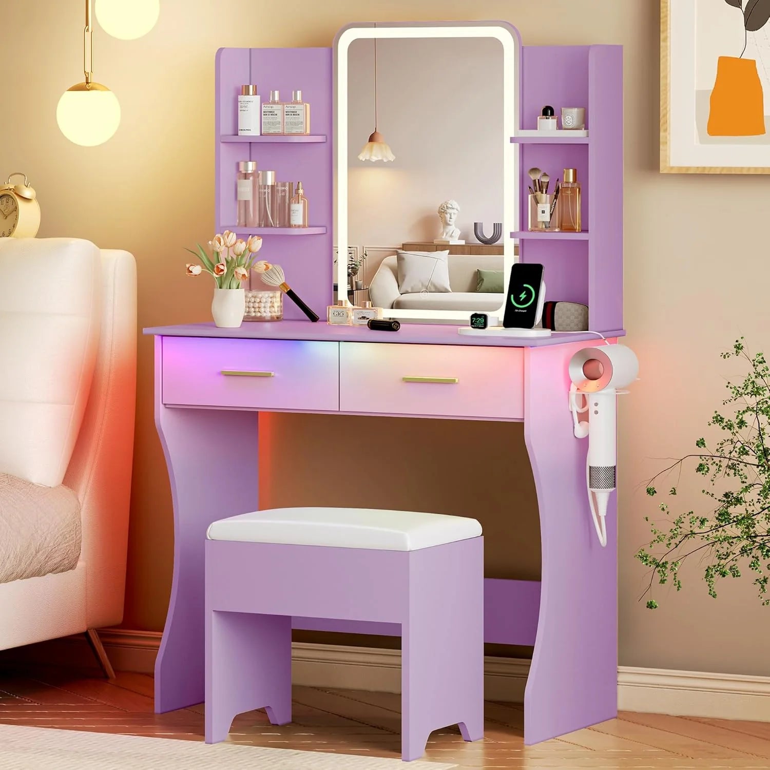 Vanity Desk with LED Lights Mirror & Power Outlet, Small Makeup Vanity Table Set