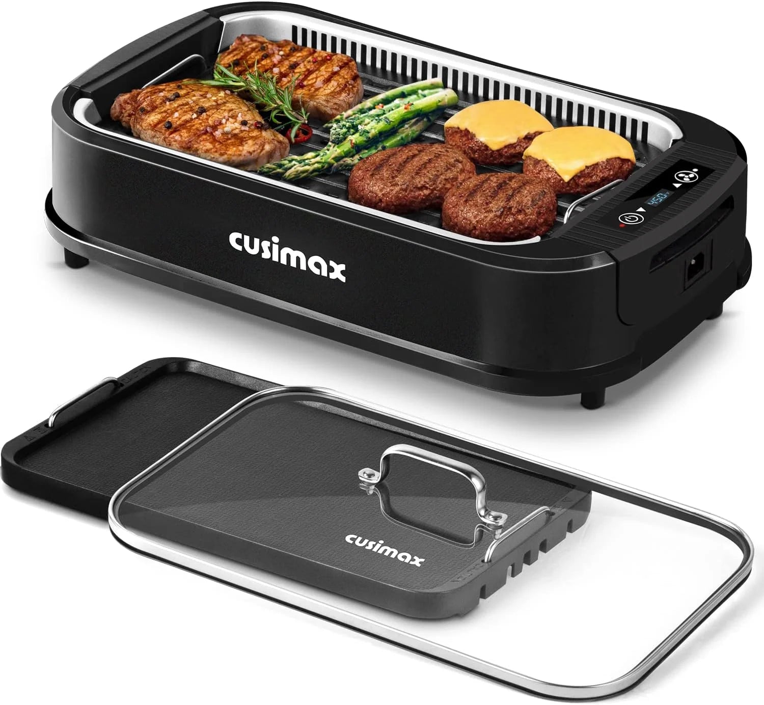 Indoor Grill CUSIMAX Electric Smokeless Grill Portable Korean BBQ with Turbo Smoke Extractor Technology, Non-stick Removable Plate, Tempered Glass Lid, Great for Party(Single Plate)
