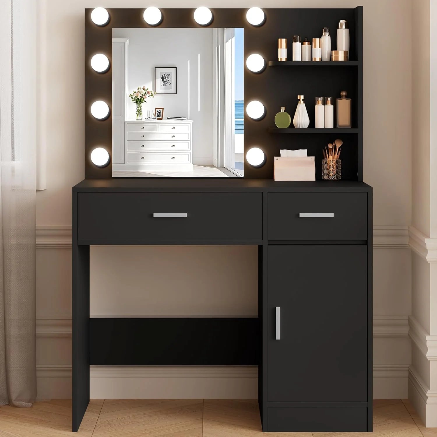 Lighted Makeup Vanity Desk, 35.4“W x 15.7'”D x 54“H, White with Lights and Mirror