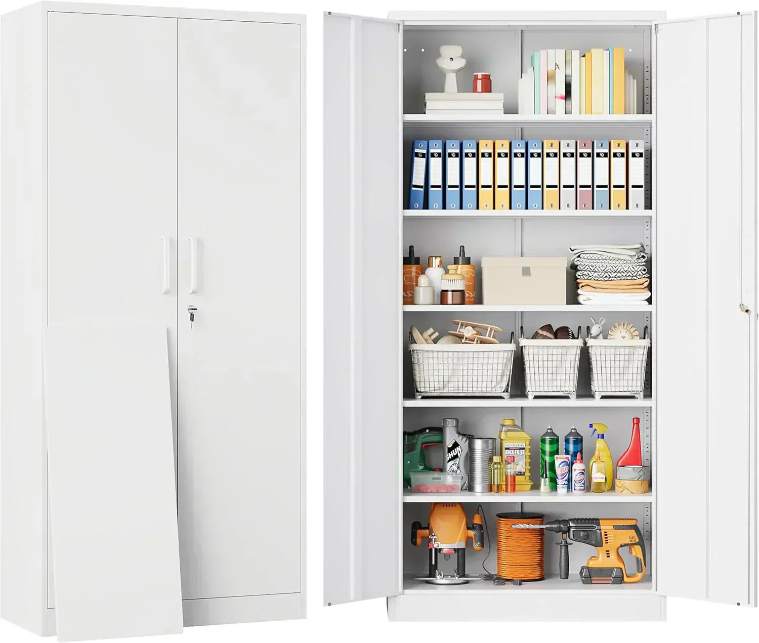 Metal Storage Cabinet with 2 Doors and 6 Shelves Black Metal Cabinet Garage Storage Cabinet