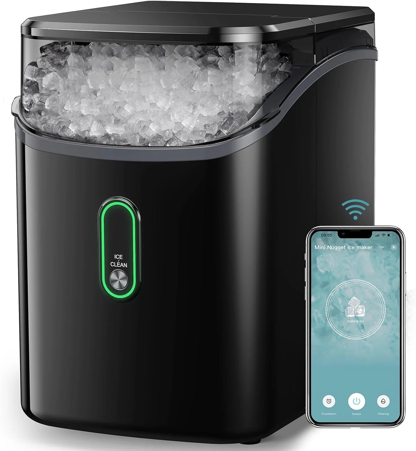 Silonn Nugget Ice Maker Countertop, Pebble Ice Makers with Crushed Soft Chewable Ice, 33lbs Per Day with Scoop, Pellet Portable Ice Machines with Auto-Cleaning for Home, Kitchen, Office, Black