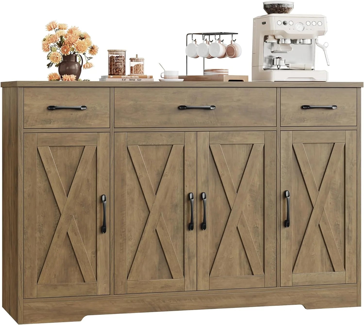 HOSTACK Buffet Cabinet with Drawers, 55 Large Sideboard Buffet Storage Cabinet with Shelves and Doors, Modern Farmhouse Coffee Bar Station Wood Kitchen Table for Kitchen, Dining Room, White/Rustic