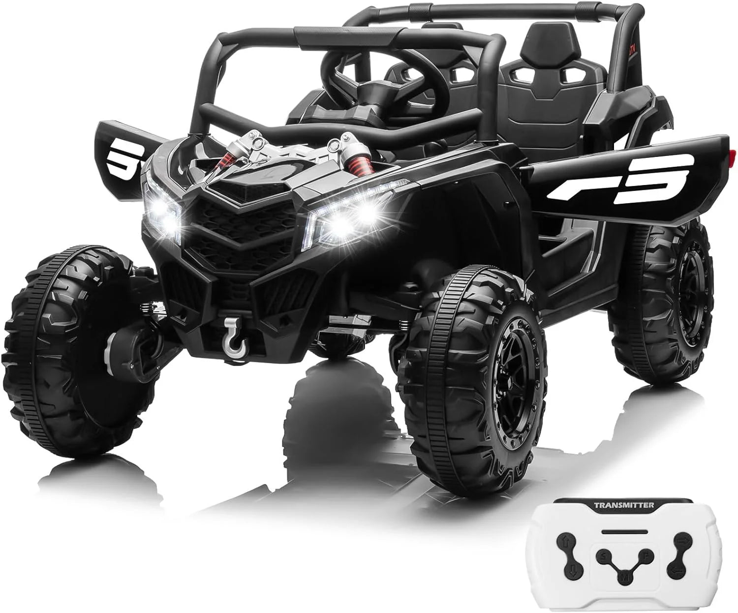 JOYRACER Kids Remote Control Car with 4 x 150W Motors, Shock Absorbers, Bluetooth, MP3 Player, and Headlights
