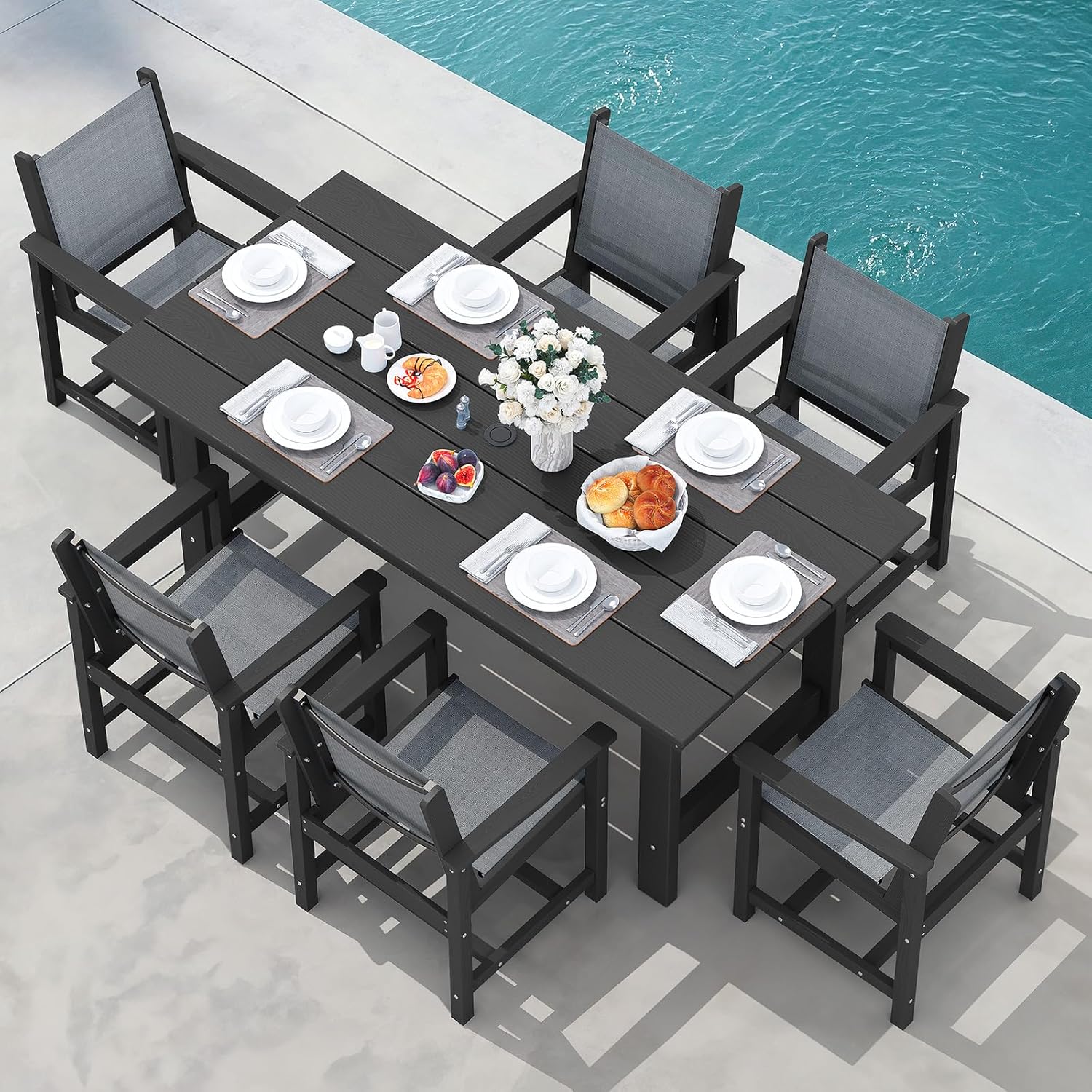 SERWALL 7-Piece Patio Dining Table Sets, Outdoor HDPE Dining Furniture Set with Umbrella Hole Cut-Out Table and 6 Chairs, Blue