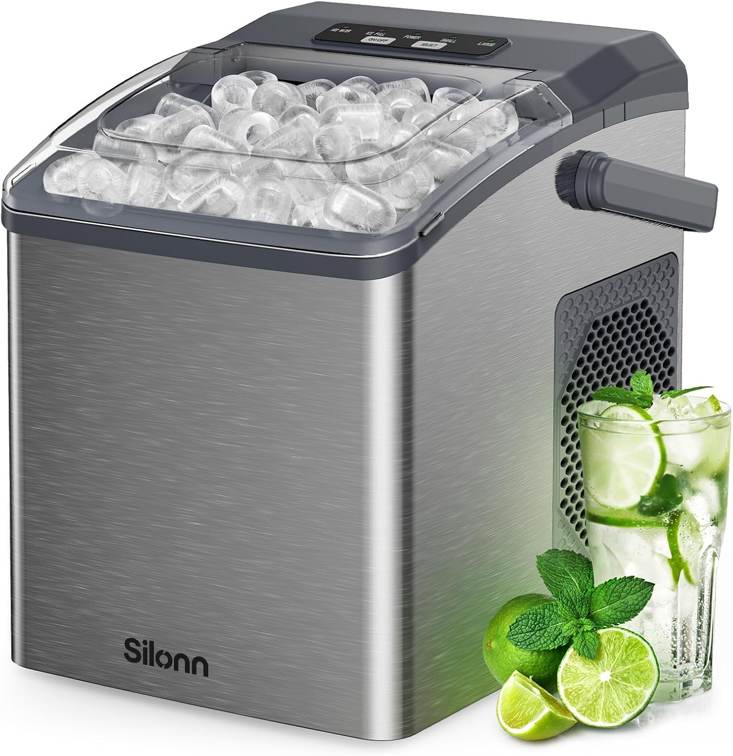 Silonn Countertop Ice Maker, 9 Cubes Ready in 6 Mins, 26lbs in 24Hrs, Portable Ice Machine with Self-Cleaning, 2 Sizes of Bullet Ice for Home/Kitchen/Party/RV, Black