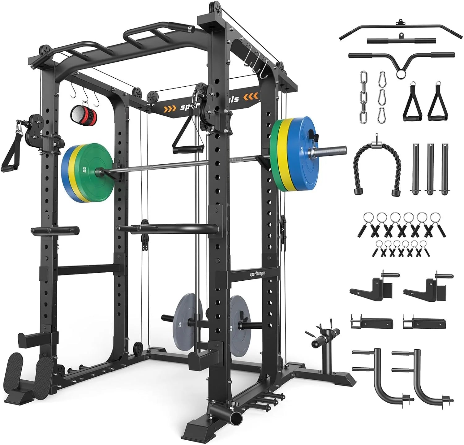 Sportsroyals Squat Rack, LAT Power Cage, Power Rack Multi-Function with Pulley System