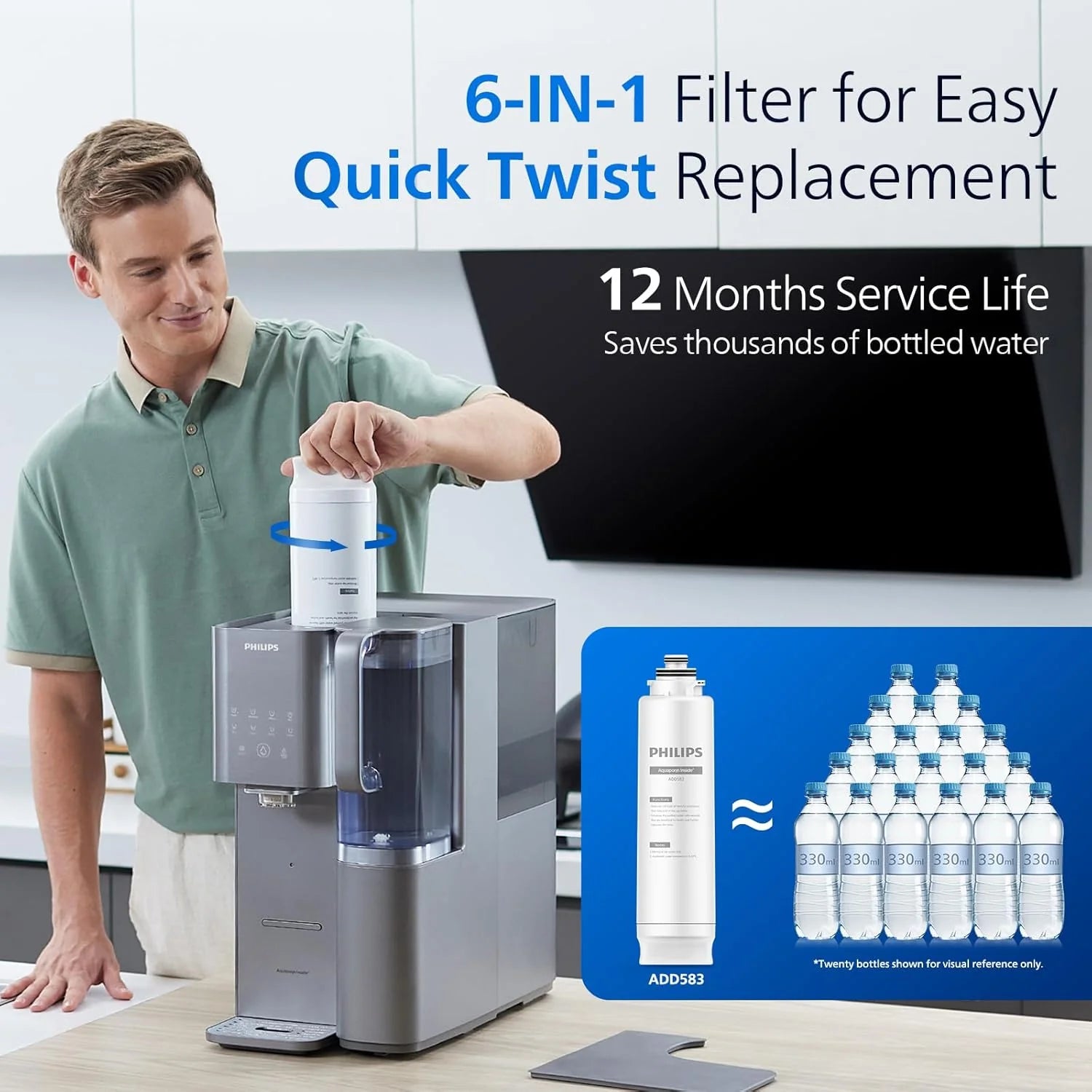 Reverse Osmosis Water Filter Countertop, PHILIPS Compact 5-in-1 RO Water Filtration System Purifier Dispenser with Aquaporin Technology Tested by NASA, NSF/ANSI 372 Certified, Reduce TDS