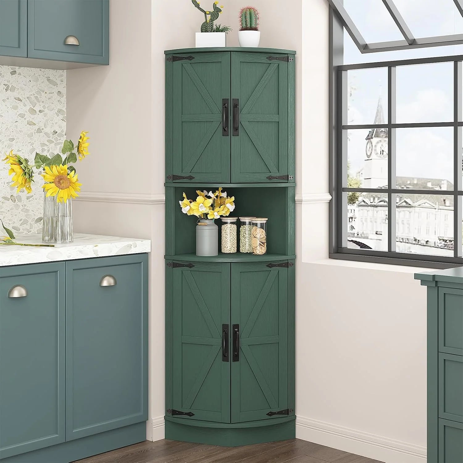 Vabches 64.8 Tall Farmhouse Corner Cabinet Farmhouse Storage Cabinet with Barn Door Design