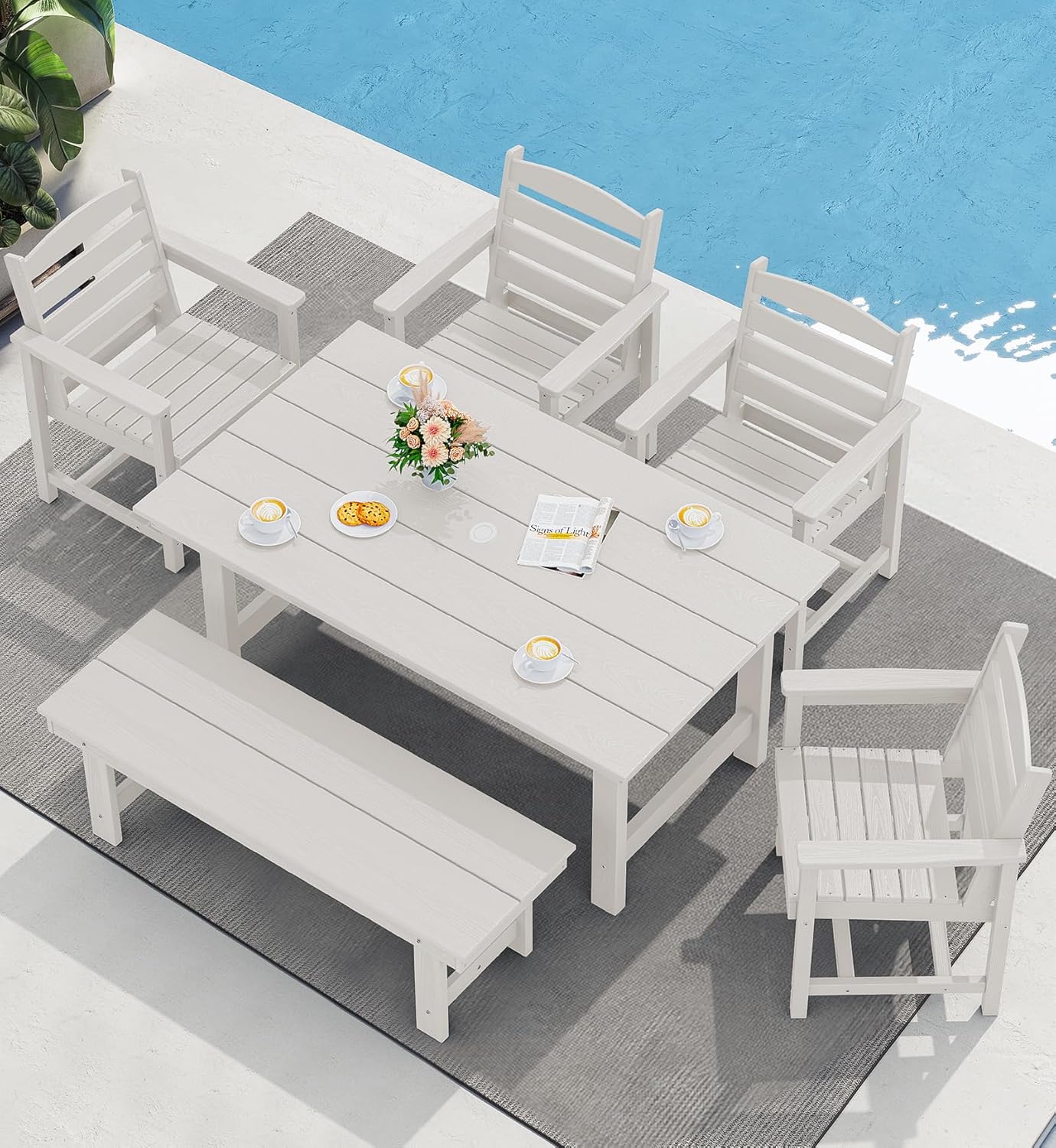 SERWALL 7-Piece Patio Dining Table Sets, Outdoor HDPE Dining Furniture Set with Umbrella Hole Cut-Out Table and 6 Chairs, Blue