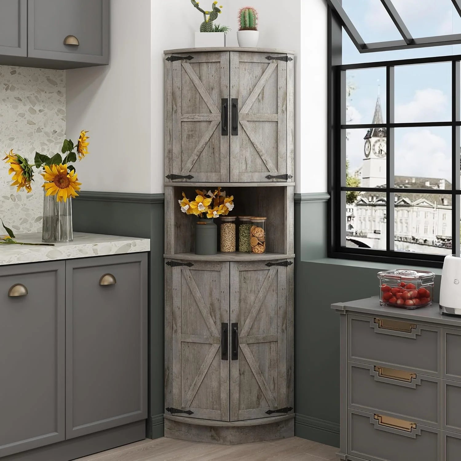 Vabches 64.8 Tall Farmhouse Corner Cabinet Farmhouse Storage Cabinet with Barn Door Design
