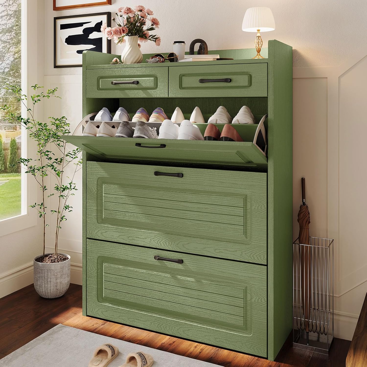 Shoe Cabinet with 3 Large Flip Drawers & 2 Storage Drawers, Narrow Shoe Organizer Cabinet Fits