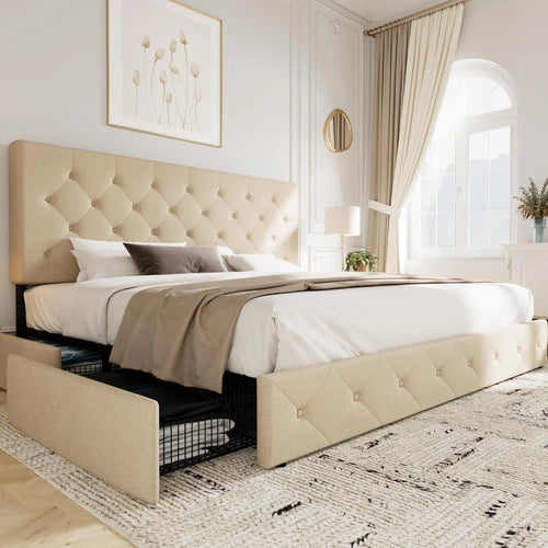 Allewie Upholstered Queen Size Platform Bed Frame with 4 Storage Drawers and Headboard