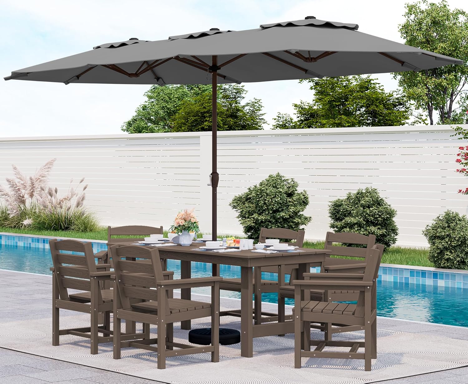 SERWALL 7-Piece Patio Dining Table Sets, Outdoor HDPE Dining Furniture Set with Umbrella Hole Cut-Out Table and 6 Chairs, Blue