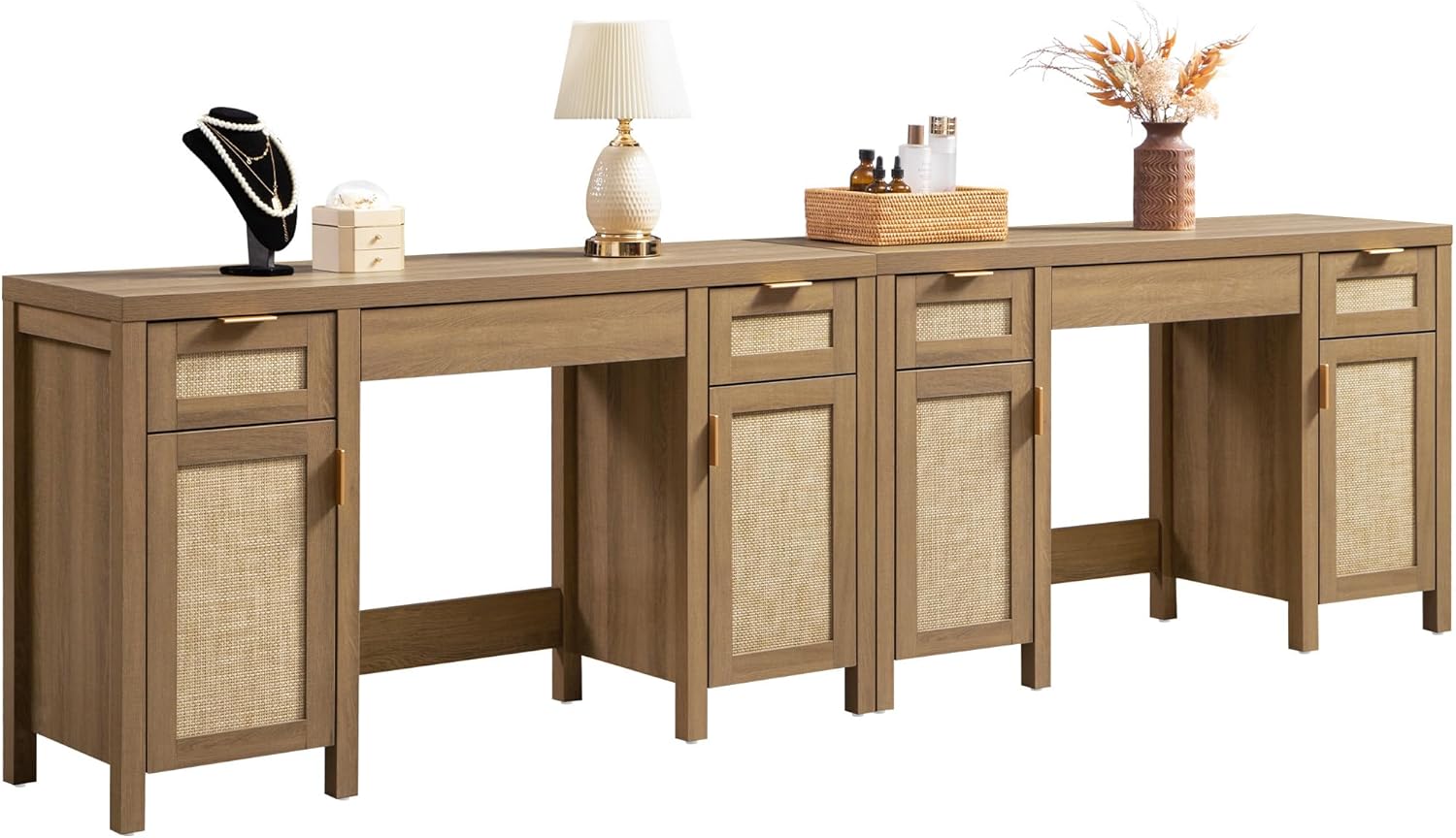 SICOTAS Rattan Vanity Home Office Desk - 52 Large Makeup Vanity Dressing Table
