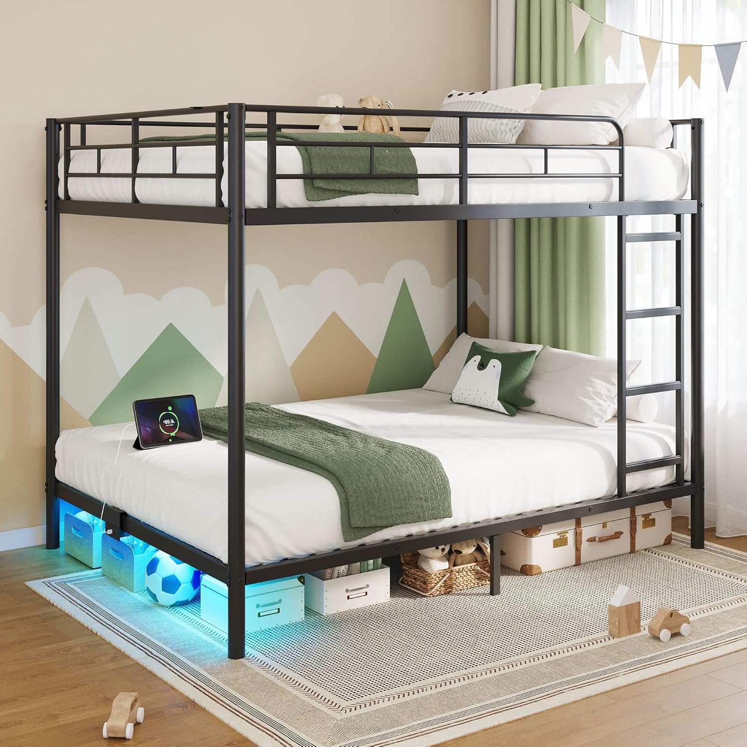 Rolanstar Metal Bunk Bed Twin Over Twin USB Charging Station LED Bunk Bed 2 Storage Drawers