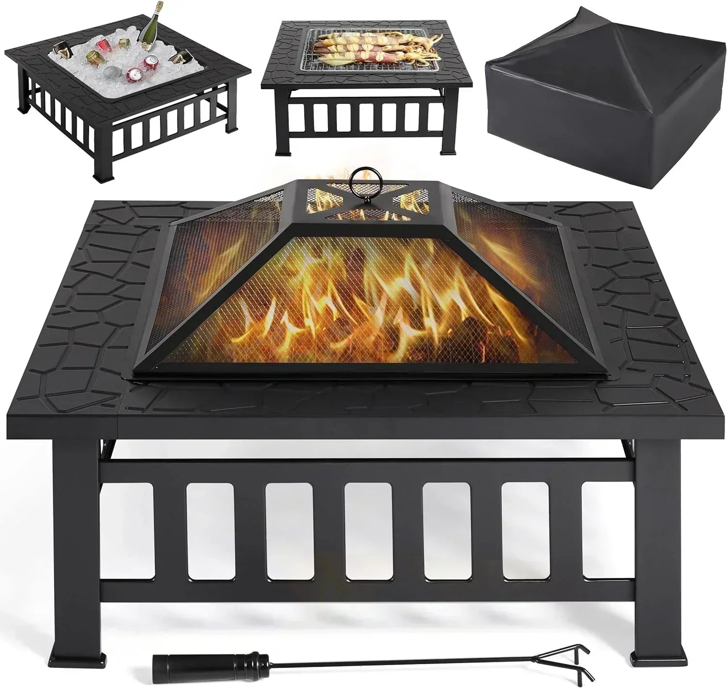 Yaheetech Multifunctional Fire Pit Table Square Metal Firepit Stove Backyard Patio Garden Fireplace