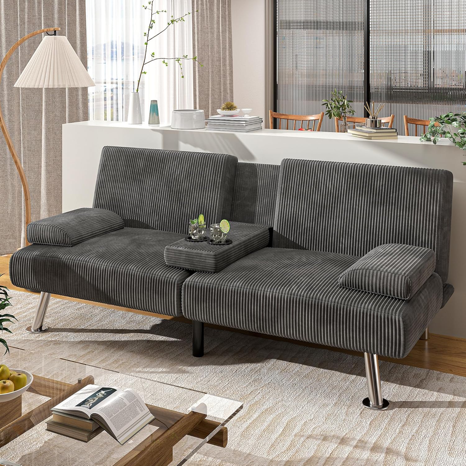 Shahoo Modern Linen Upholstered Convertible Folding Futon Sofa Bed with Removable Armrests