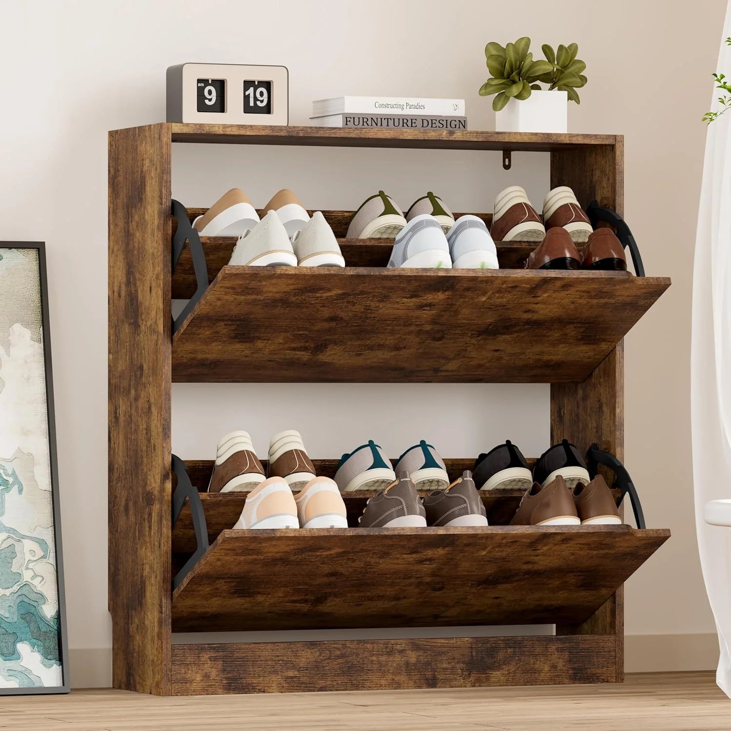 Shoe Cabinet with 3 Flip Drawers Hidden Wood Shoe Cabinet Freestanding Shoe Storage Cabinet