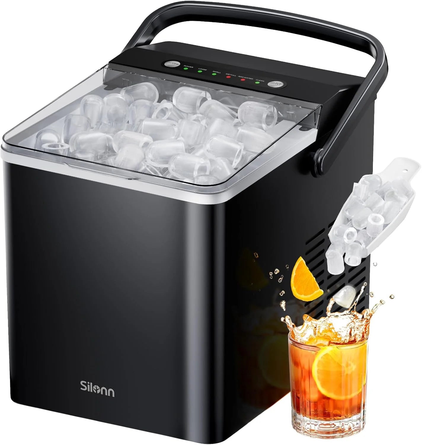 Silonn Countertop Ice Maker, 9 Cubes Ready in 6 Mins, 26lbs in 24Hrs, Portable Ice Machine with Self-Cleaning, 2 Sizes of Bullet Ice for Home/Kitchen/Party/RV, Black