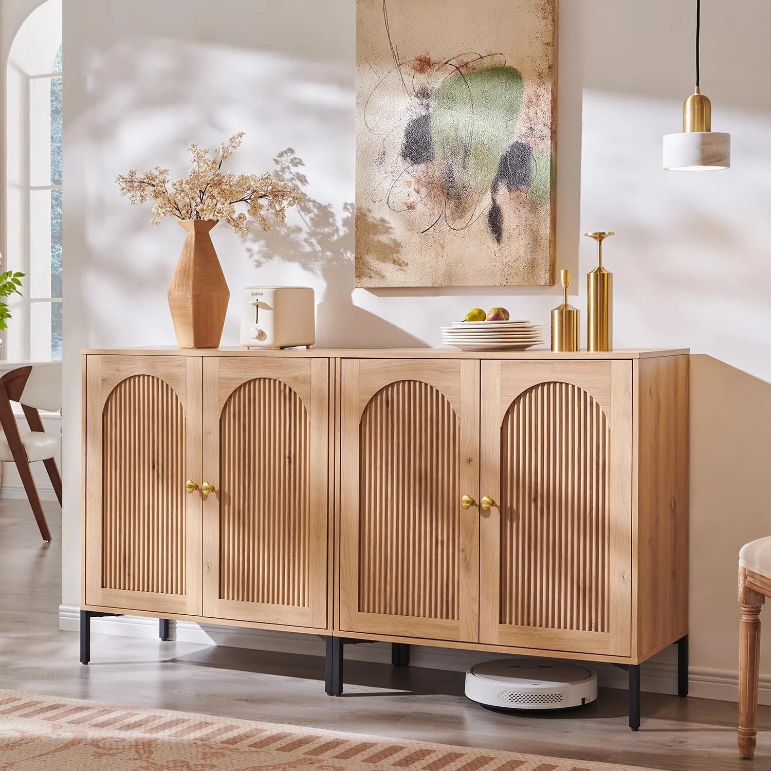 IFGET Modern Buffet Cabinet with Storage 92.63 W Fluted Arched Sideboard Cabinet