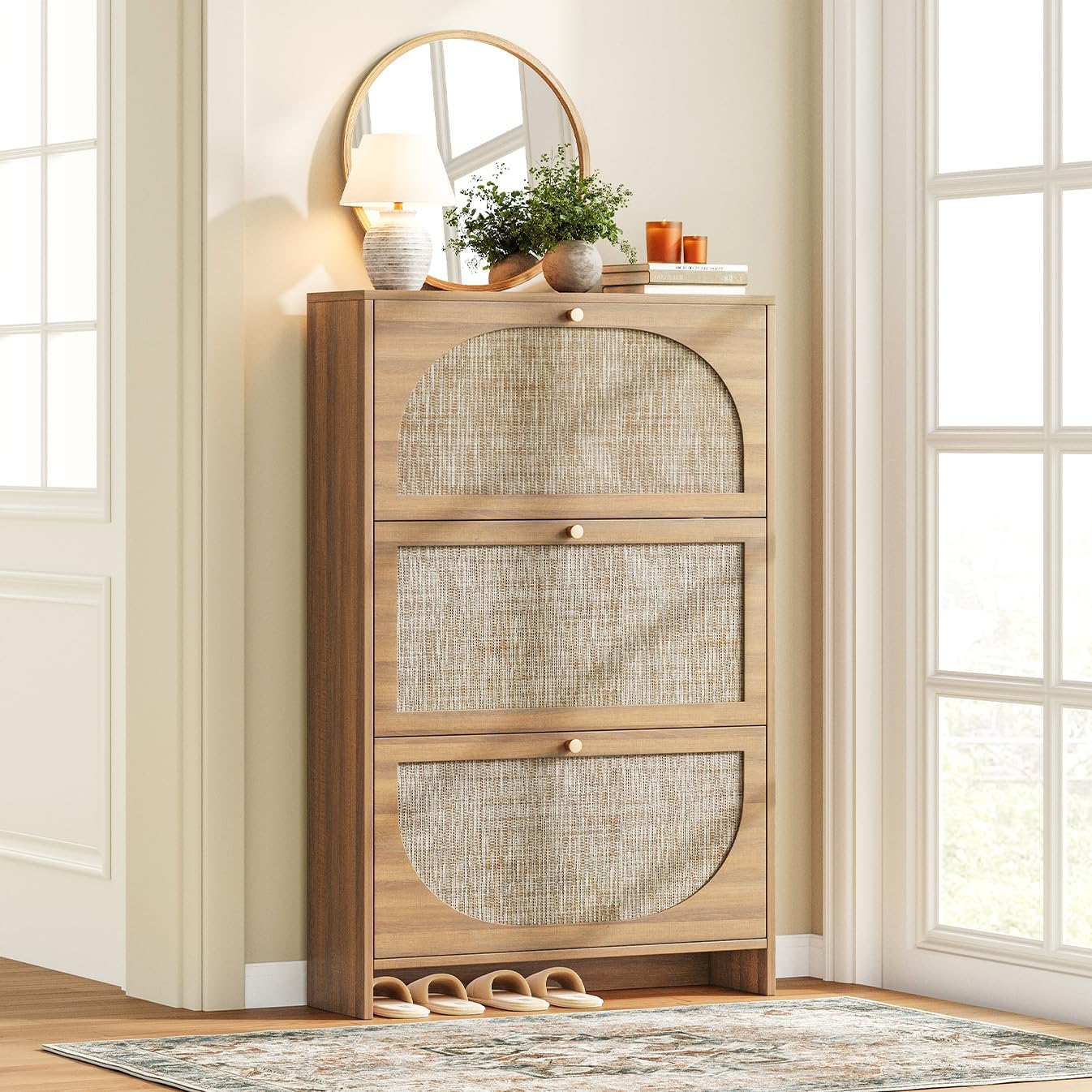 Nicetree freestanding ultra-thin arched rattan shoe cabinet