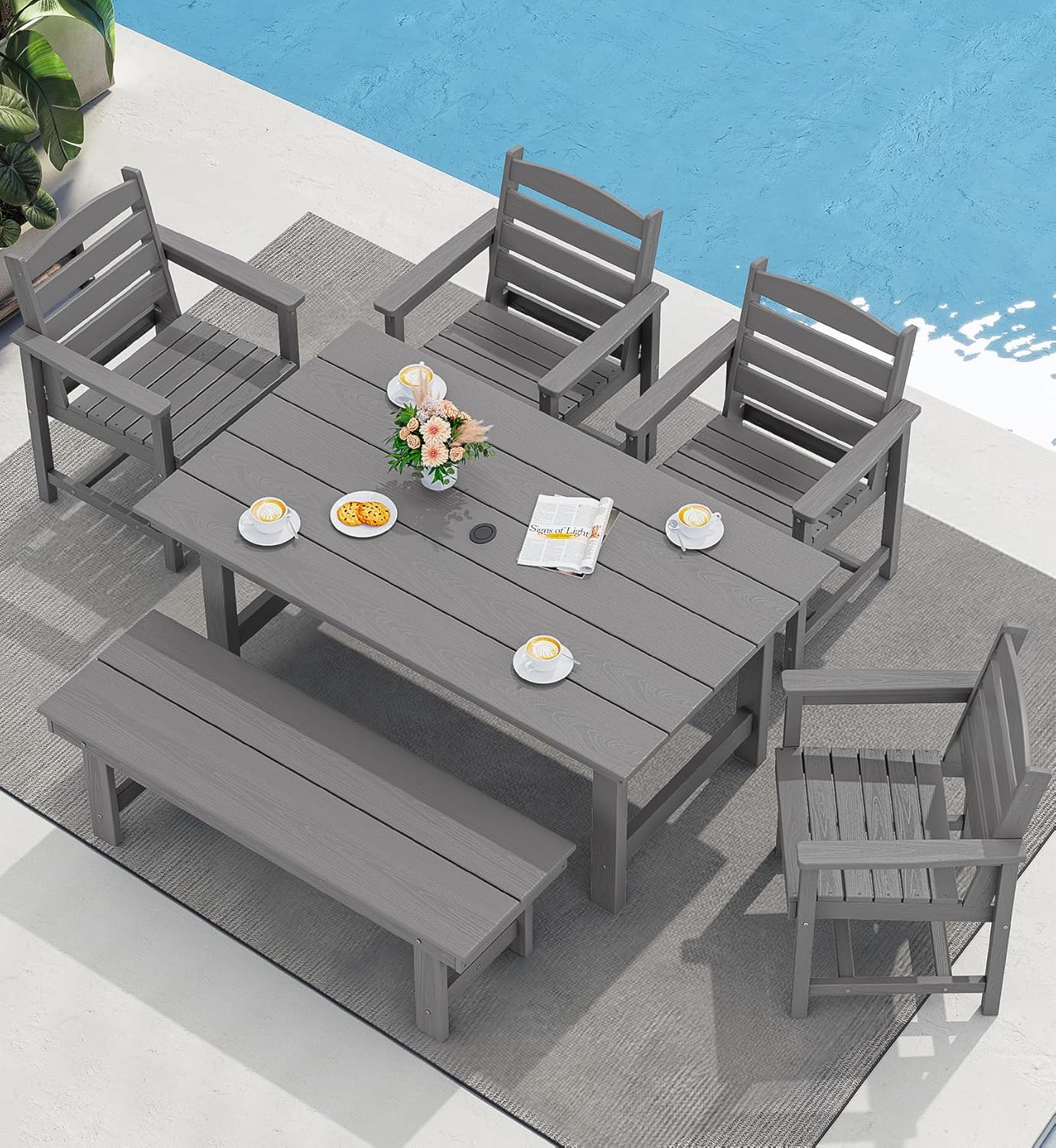 SERWALL 7-Piece Patio Dining Table Sets, Outdoor HDPE Dining Furniture Set with Umbrella Hole Cut-Out Table and 6 Chairs, Blue