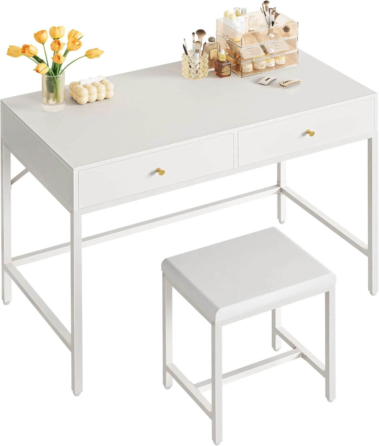 SUPERJARE 35.4 White and Gold Desk with 2 Drawers, Modern Makeup Vanity