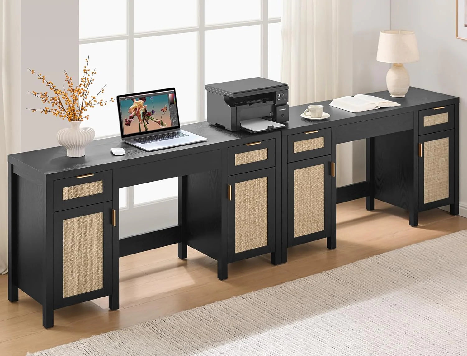 SICOTAS Rattan Vanity Home Office Desk - 52 Large Makeup Vanity Dressing Table