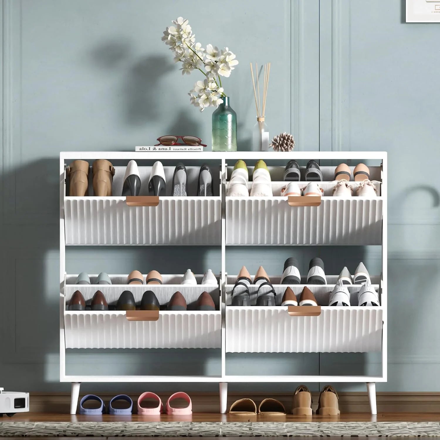 Shoe Cabinet Storage Modern Freestanding Organizer with 2 Flip Drawers Narrow Shoe Rack Cabinet
