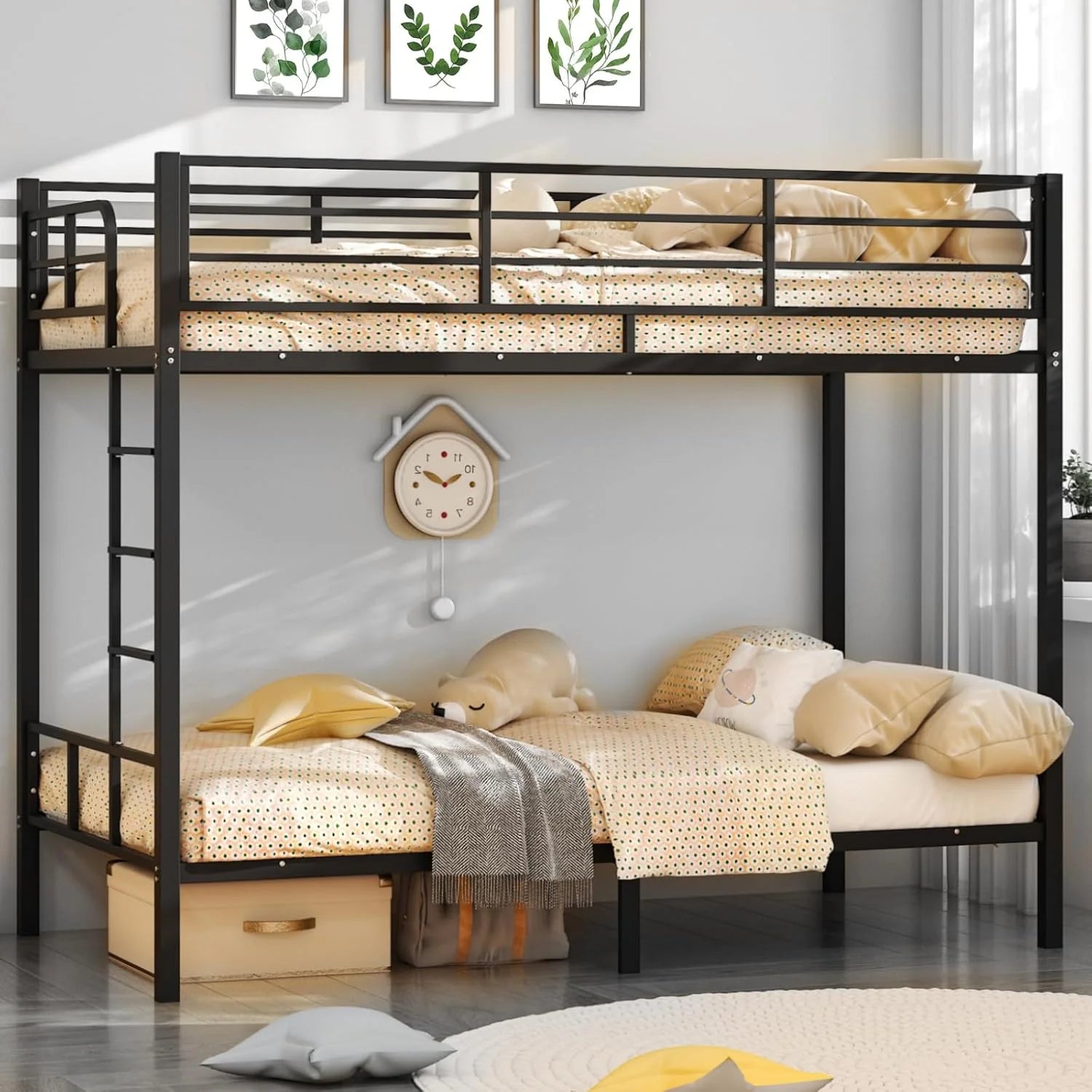 VINGLI Metal Bunk Bed Frame Twin Over Twin with LED Lights Non-Slip Ladder Full Length Guardrail