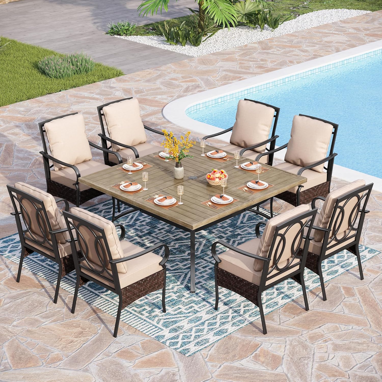 PHI VILLA 6-Piece Outdoor Dining Sets, All-Weather Patio Table and Chairs Set with Umbrella for 4, Heavy Duty Patio Round Table Set for Deck, 4 Extra Large Outdoor Swivel Chairs with Thick Cushions