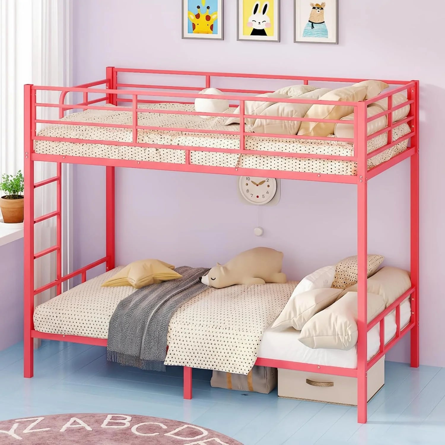 VINGLI Metal Bunk Bed Frame Twin Over Twin with LED Lights Non-Slip Ladder Full Length Guardrail