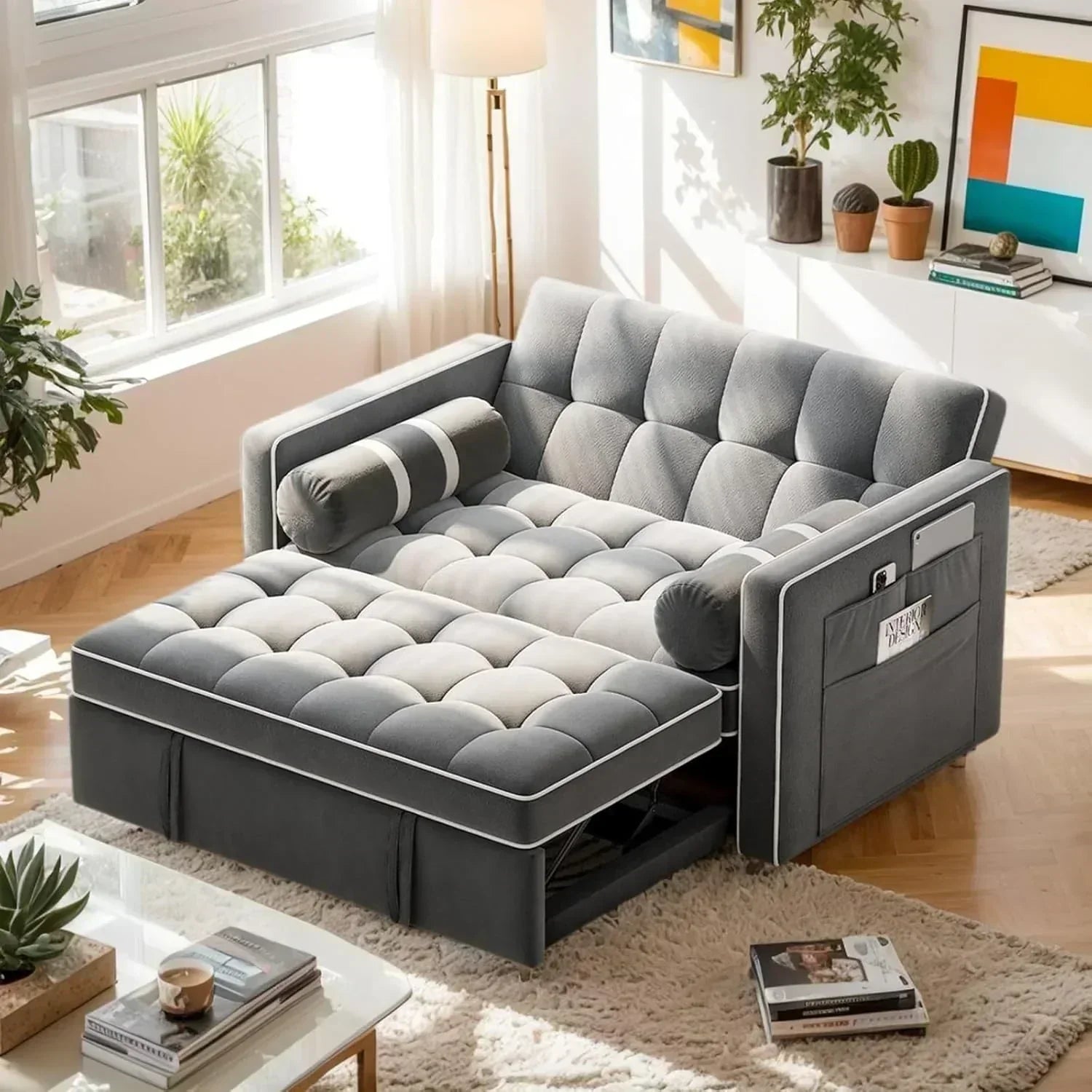 Pipishell 3 in 1 Convertible Sleeper Sofa Bed Pull Out Couch for Living Room USB Ports Side Pockets